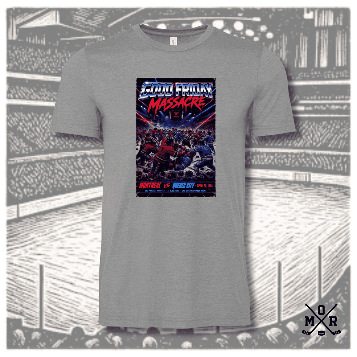 Heather grey Good Friday Massacre 1984 hockey brawl retro t-shirt with neon graphic print