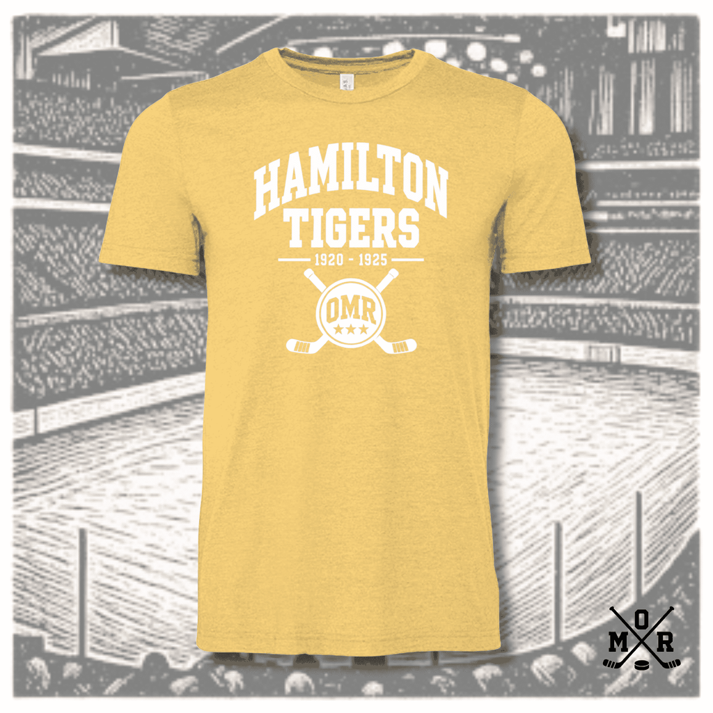 Heathered gold vintage Hamilton Tigers hockey t-shirt with OMR crossed sticks crest