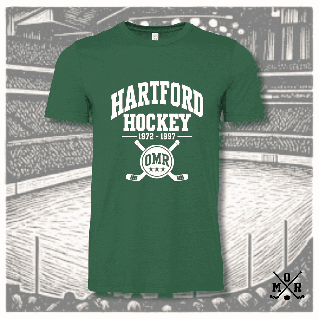 Hartford Hockey vintage t-shirt in heathered forest green with white arched text and crossed sticks crest