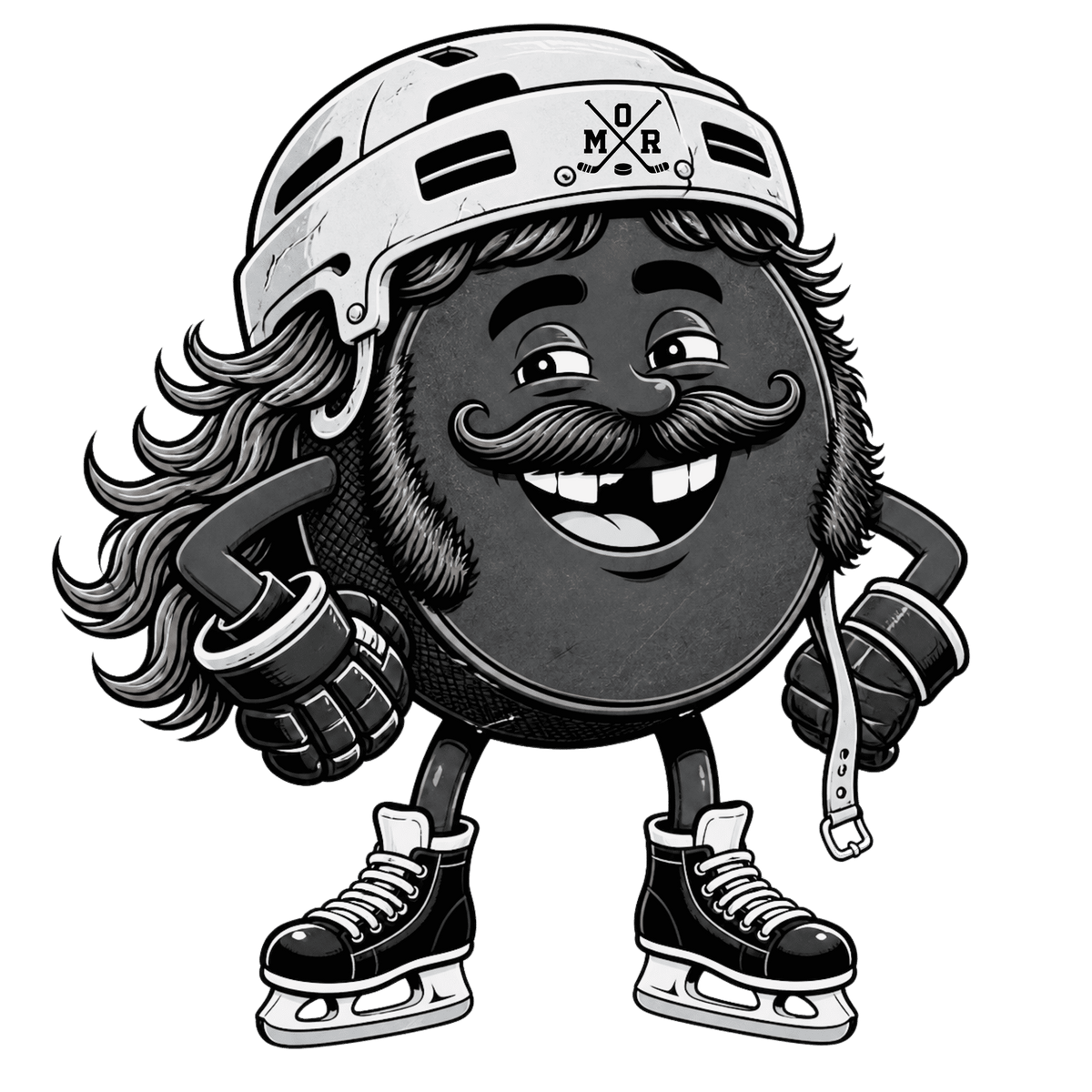 A cartoon graphic of a hockey player wearing a helmet
