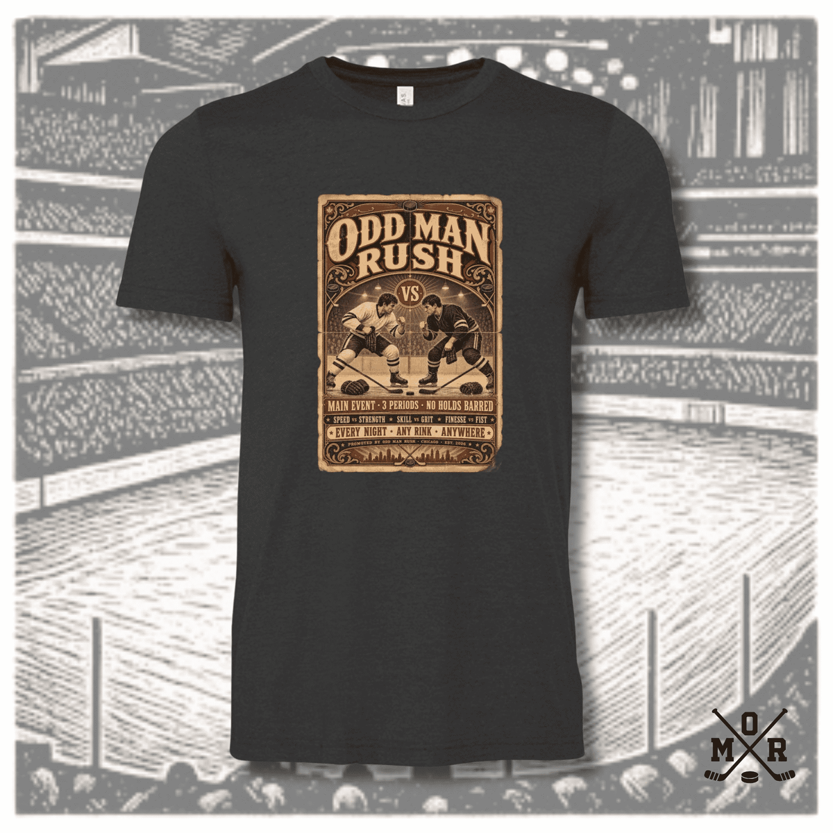 Heather black crew neck t-shirt with vintage hockey fight poster print, maroon and sepia tones, standard fit