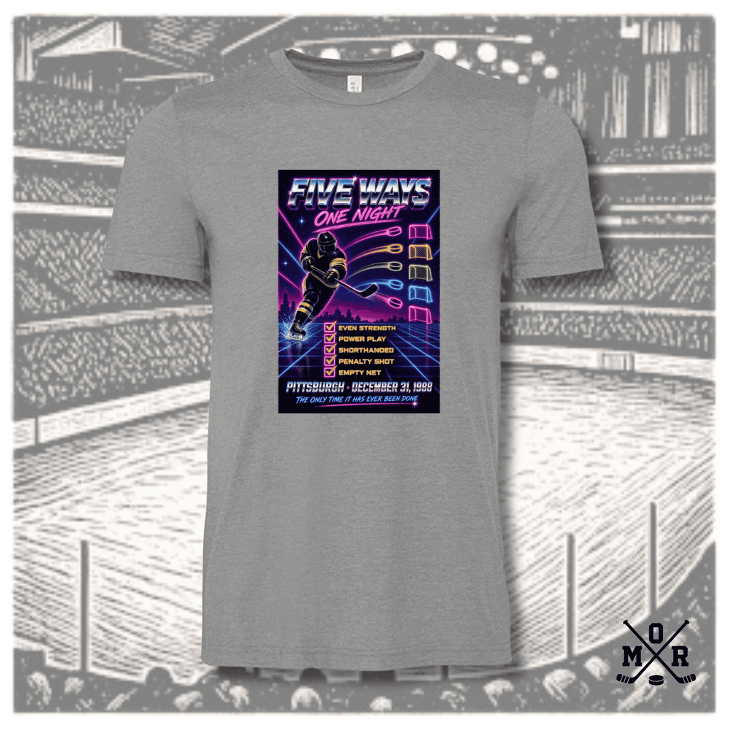 Heather grey crew neck t-shirt featuring Mario Lemieux Five Ways One Night 1988 neon hockey graphic print