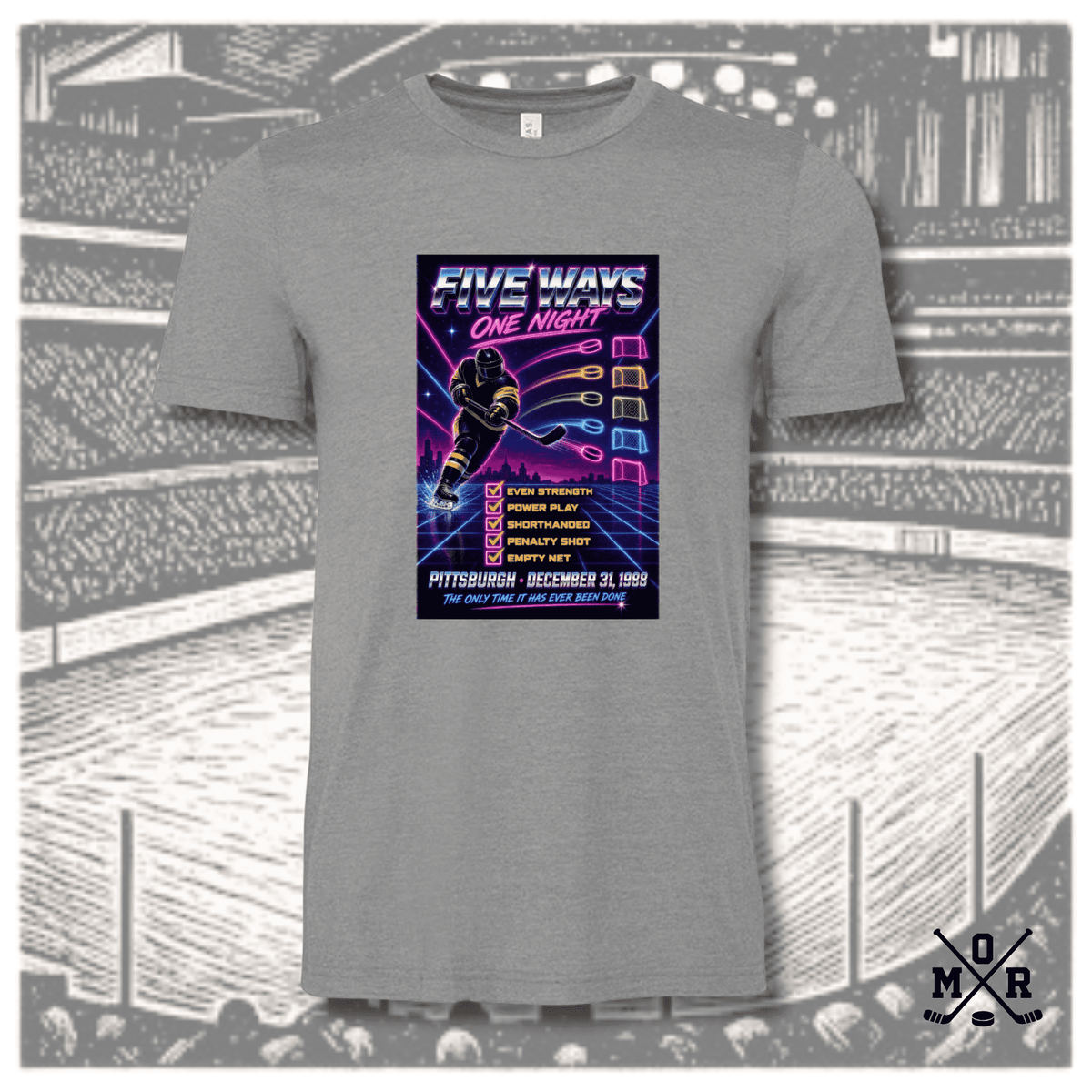 Heather grey crew neck t-shirt featuring Mario Lemieux Five Ways One Night 1988 neon hockey graphic print