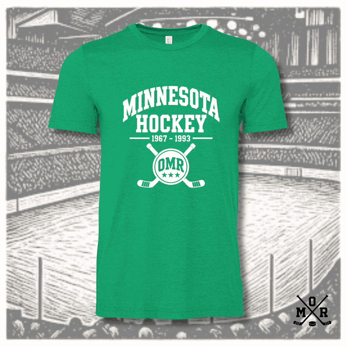 Heather green vintage Minnesota North Stars hockey t-shirt with crossed sticks crest and 1967-1993 text
