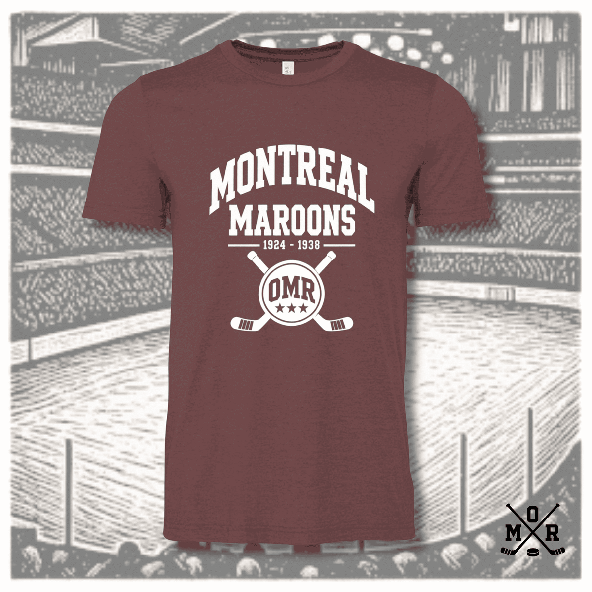 Heathered maroon Montreal Maroons vintage hockey t-shirt with white collegiate text and crossed sticks crest
