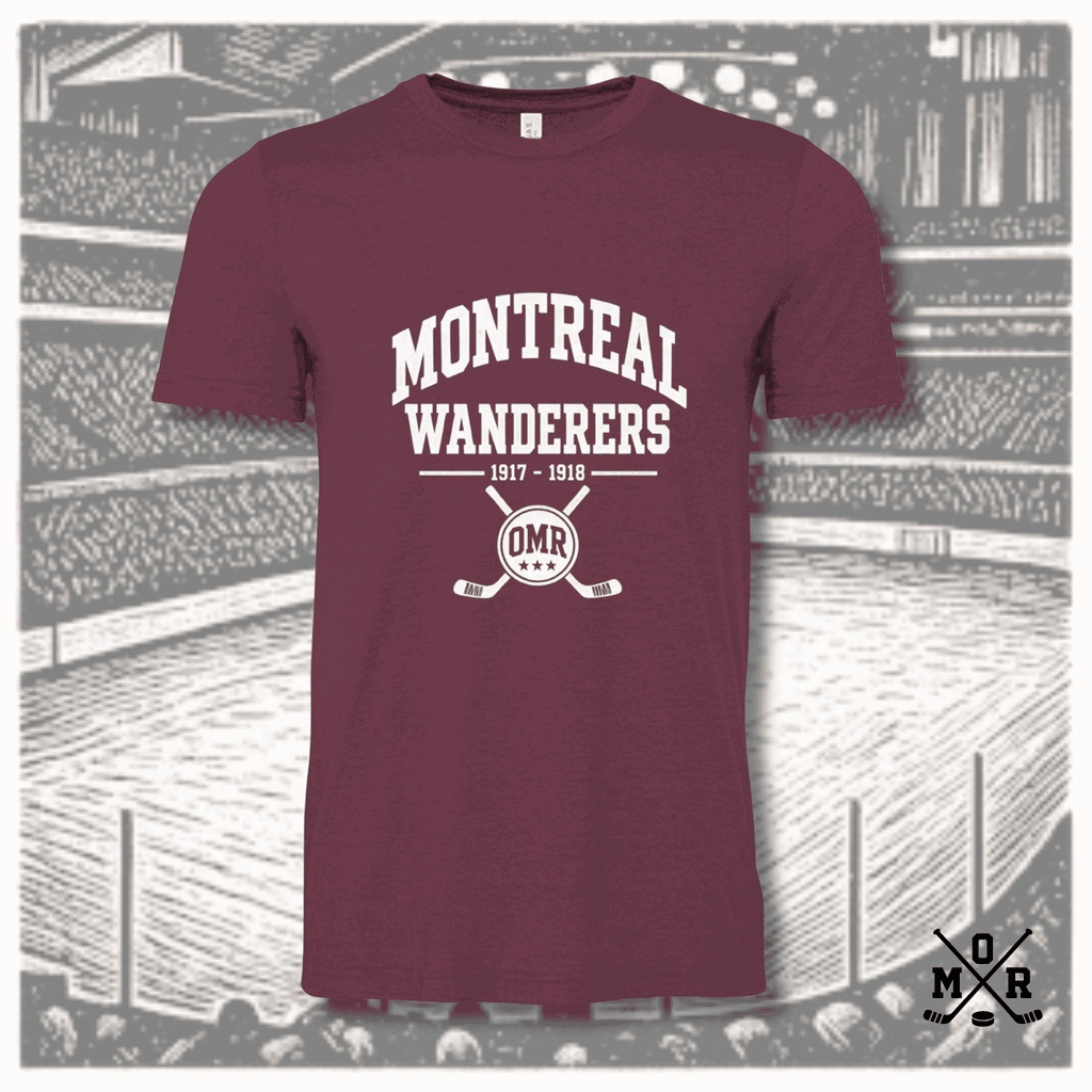 Maroon heathered Montreal Wanderers vintage hockey t-shirt with white collegiate text and crossed sticks crest