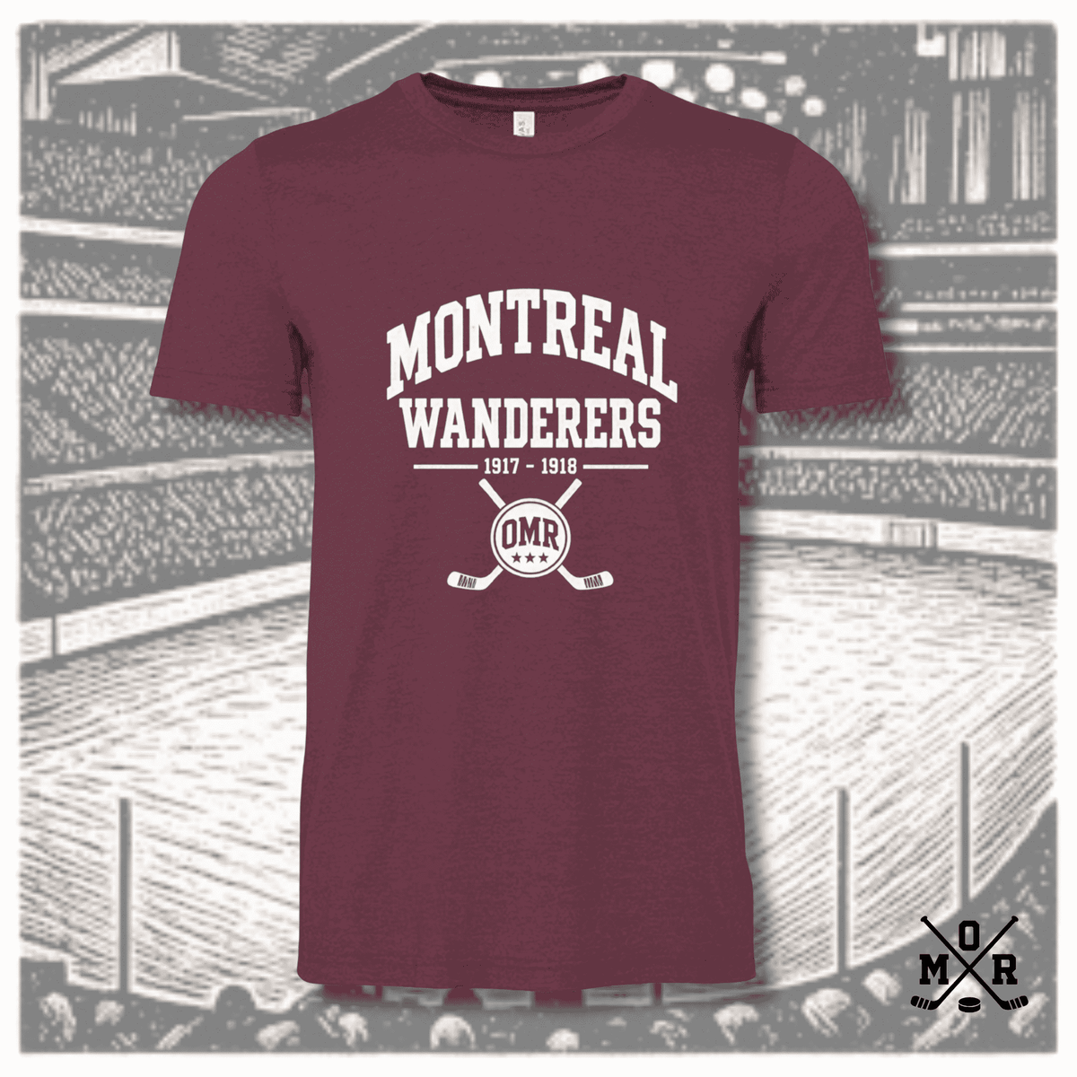 Maroon heathered Montreal Wanderers vintage hockey t-shirt with white collegiate text and crossed sticks crest