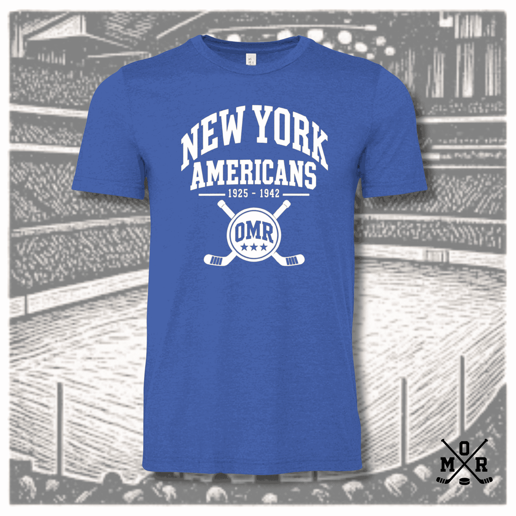 Heather royal blue vintage New York Americans hockey t-shirt with white arched text and OMR crest