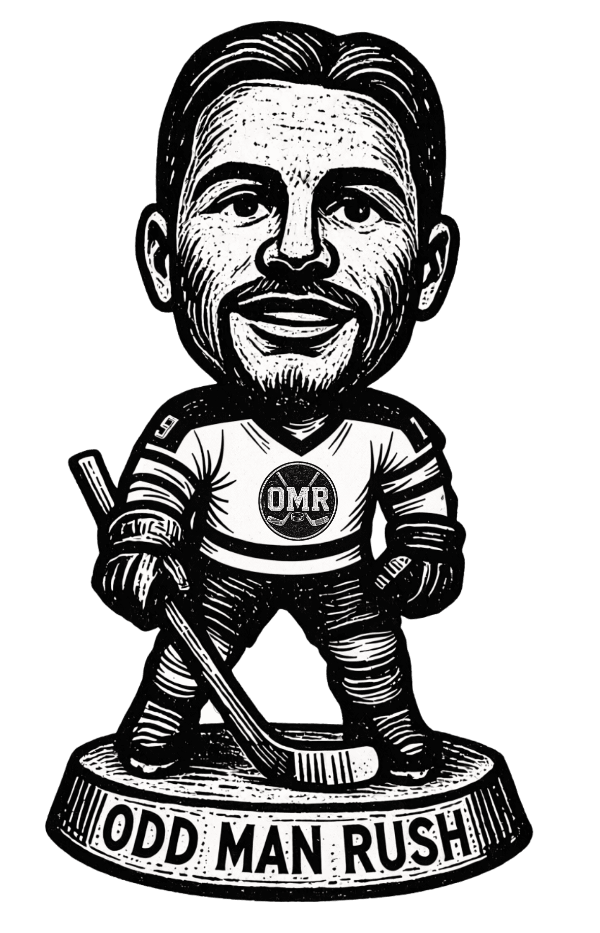 Vintage hockey bobblehead pen-and-ink illustration with OMR crest and striped sweater