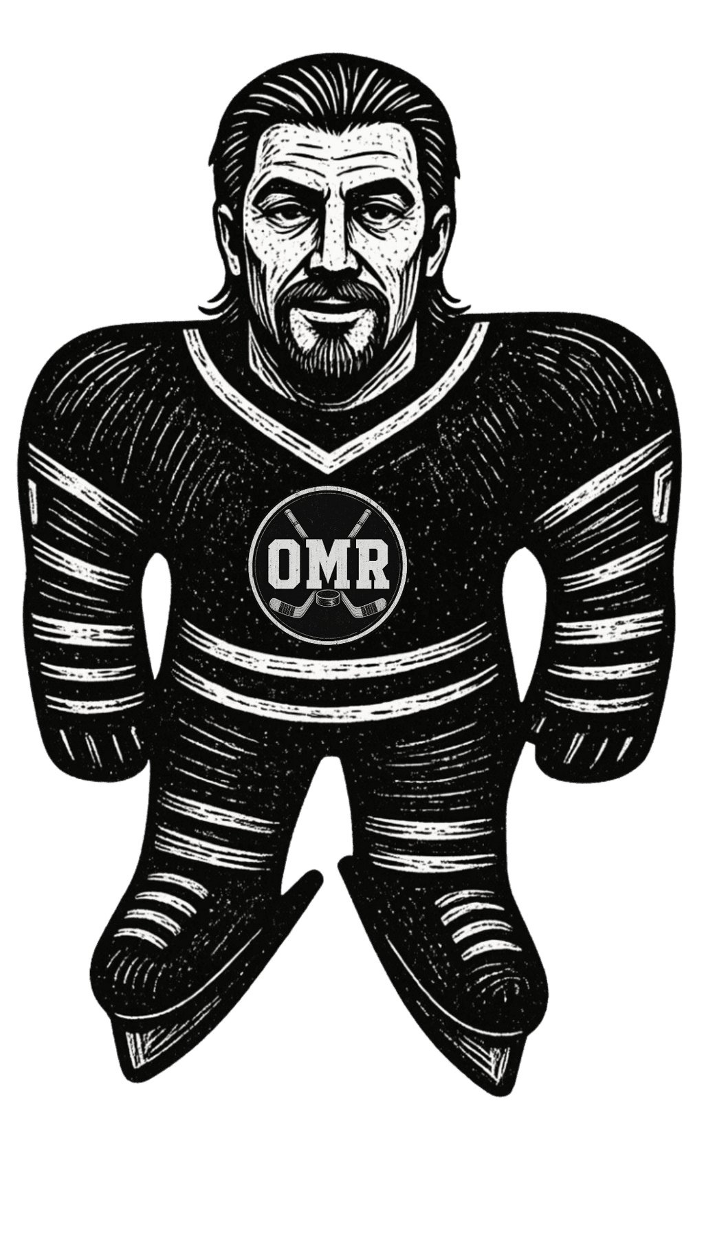 Black and white woodcut illustration of vintage hockey player on Odd Man Rush tee