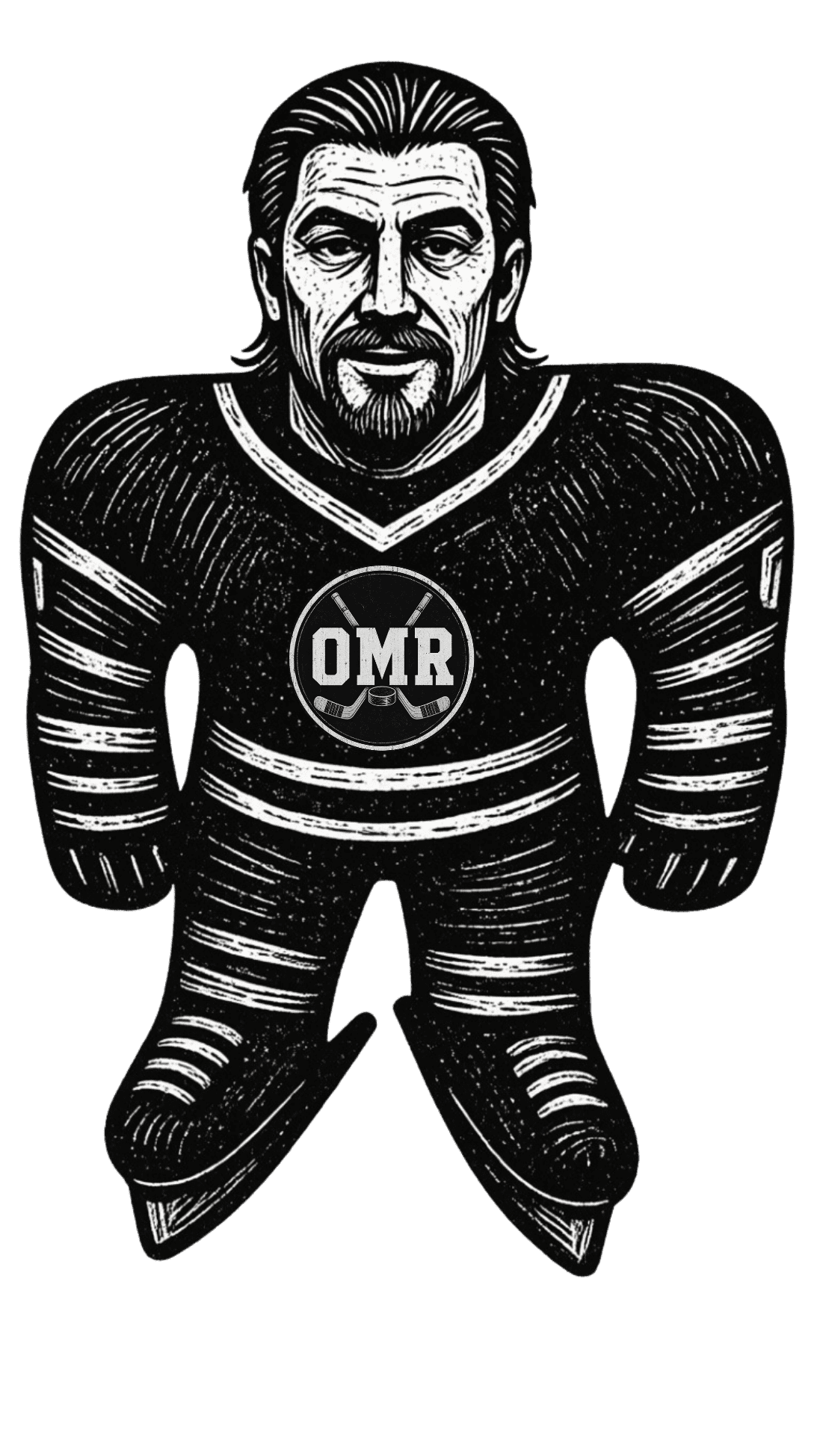 Black and white woodcut illustration of vintage hockey player on Odd Man Rush tee