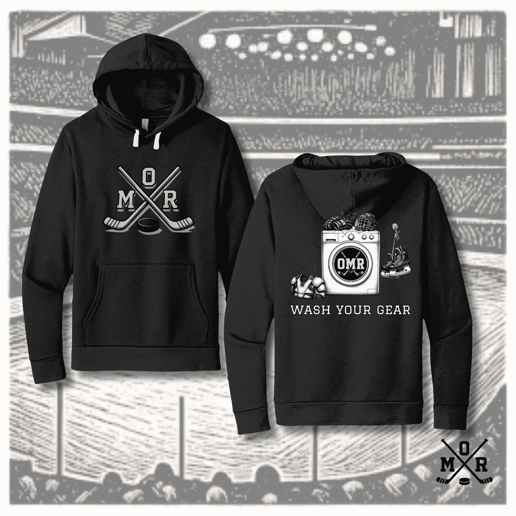 Black funny hockey hoodie with Wash Your Gear washing machine graphic and crossed sticks design