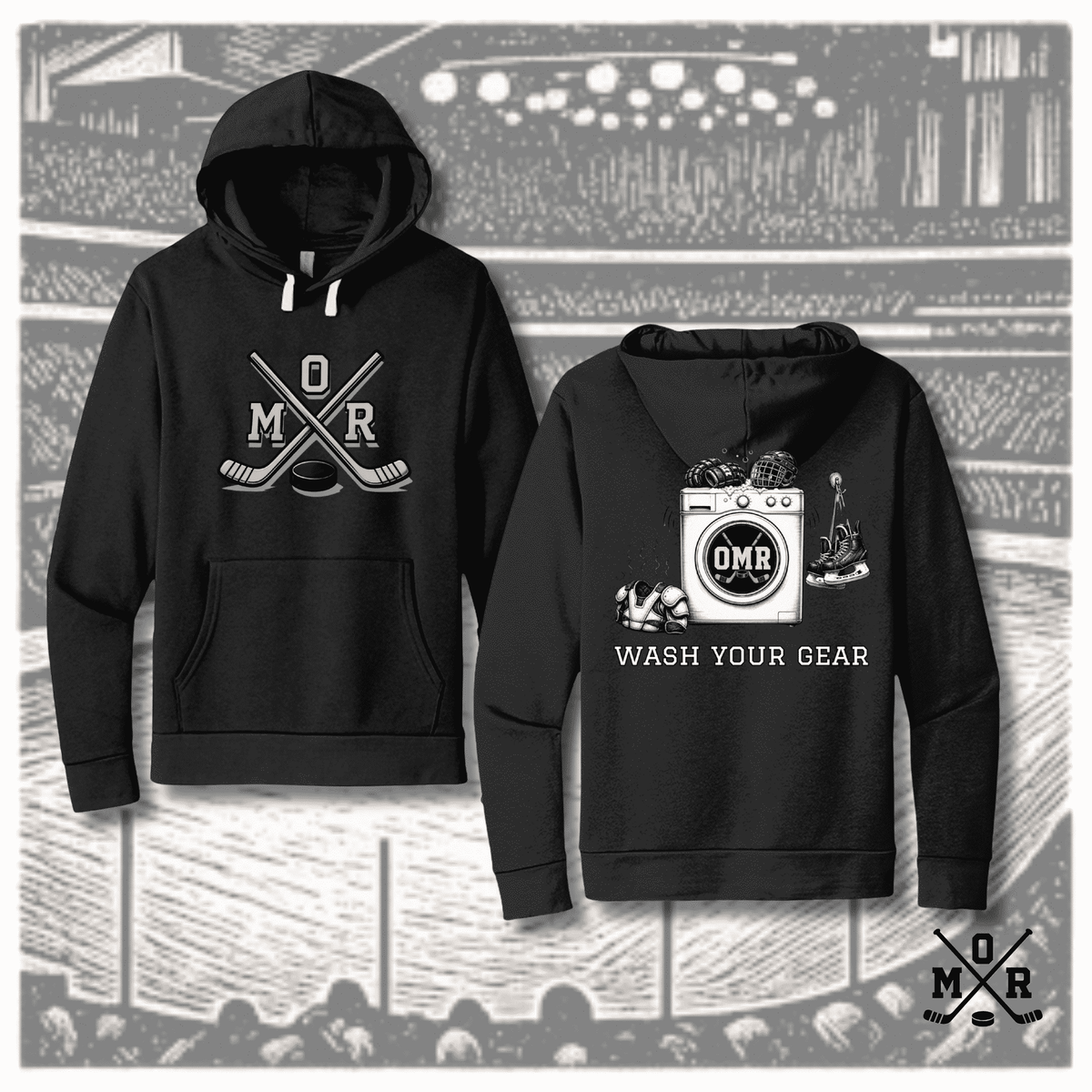 Black funny hockey hoodie with Wash Your Gear washing machine graphic and crossed sticks design