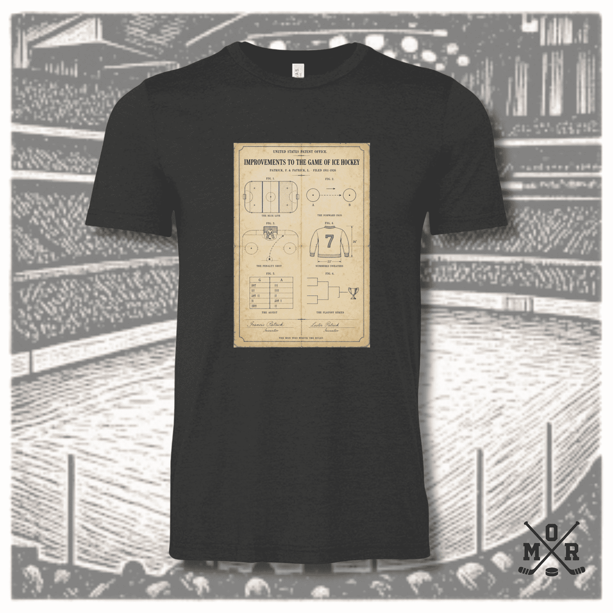 Patrick Brothers Hockey Legends T-Shirt in dark charcoal heather with vintage beige patent print