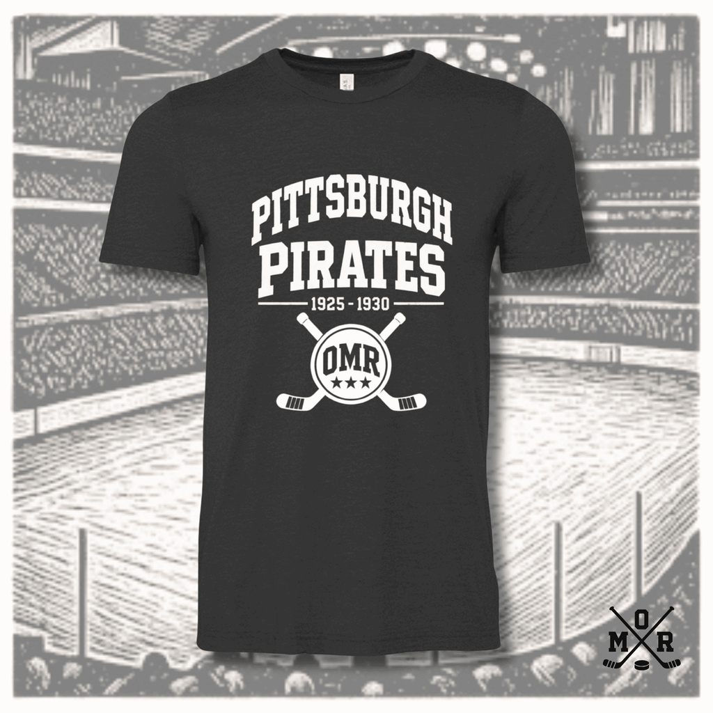 Pittsburgh Pirates vintage hockey t-shirt, heather black Bella+Canvas tee with white arched text and crossed sticks crest