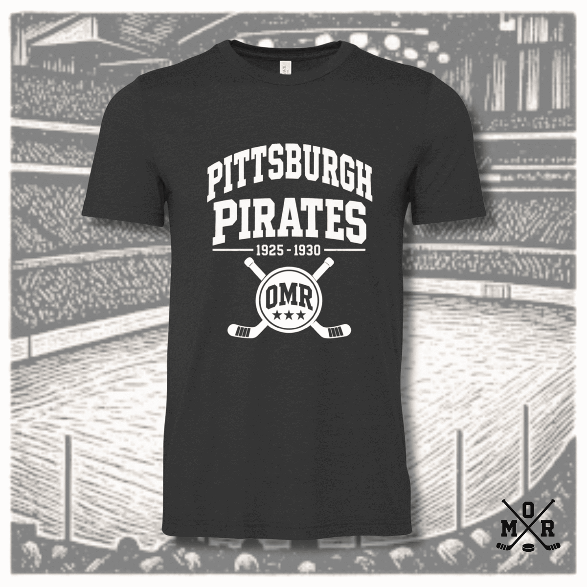 Pittsburgh Pirates vintage hockey t-shirt, heather black Bella+Canvas tee with white arched text and crossed sticks crest