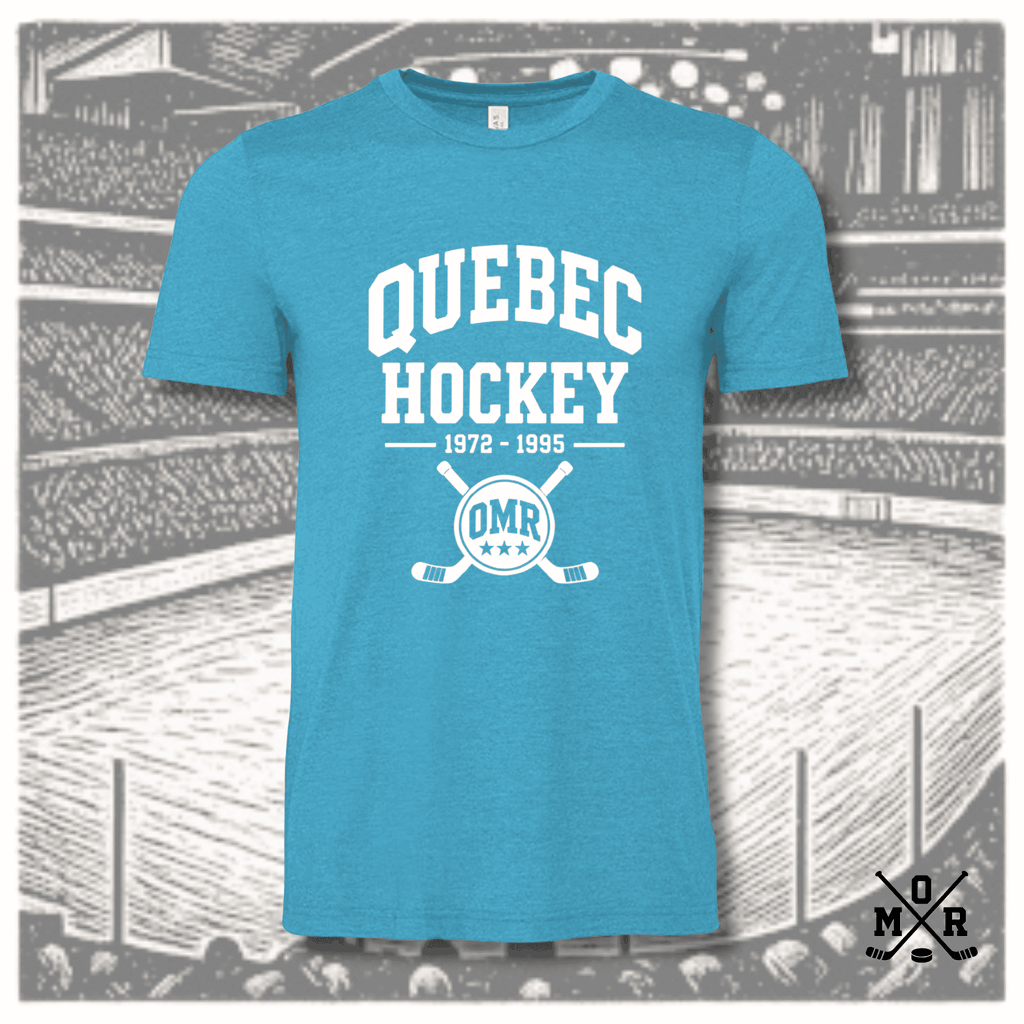 Quebec Hockey 1972-1995 vintage t-shirt in heathered teal with white arched text and OMR crossed sticks crest