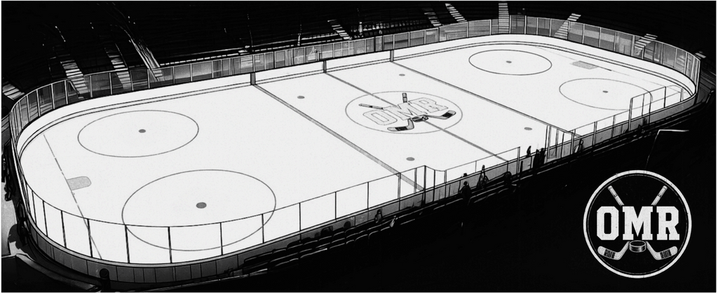 Black and white comic book illustration of an empty hockey rink with OMR crossed sticks logo