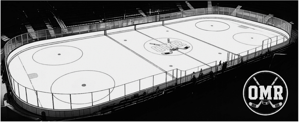 Black and white comic book illustration of an empty hockey rink with OMR crossed sticks logo