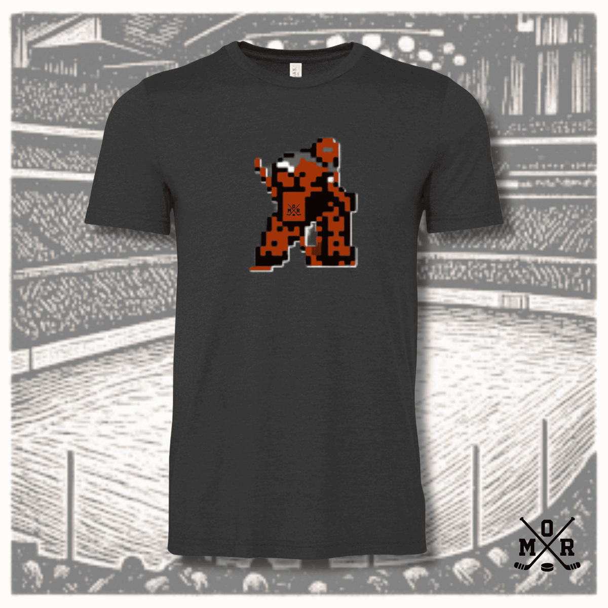 Retro pixel hockey goalie t-shirt in dark heather charcoal with orange jersey graphic