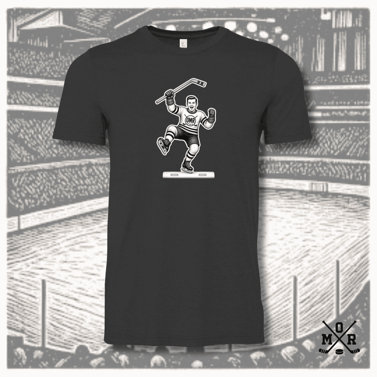Vintage table hockey Celly celebration t-shirt in charcoal heather with white pen and ink illustration