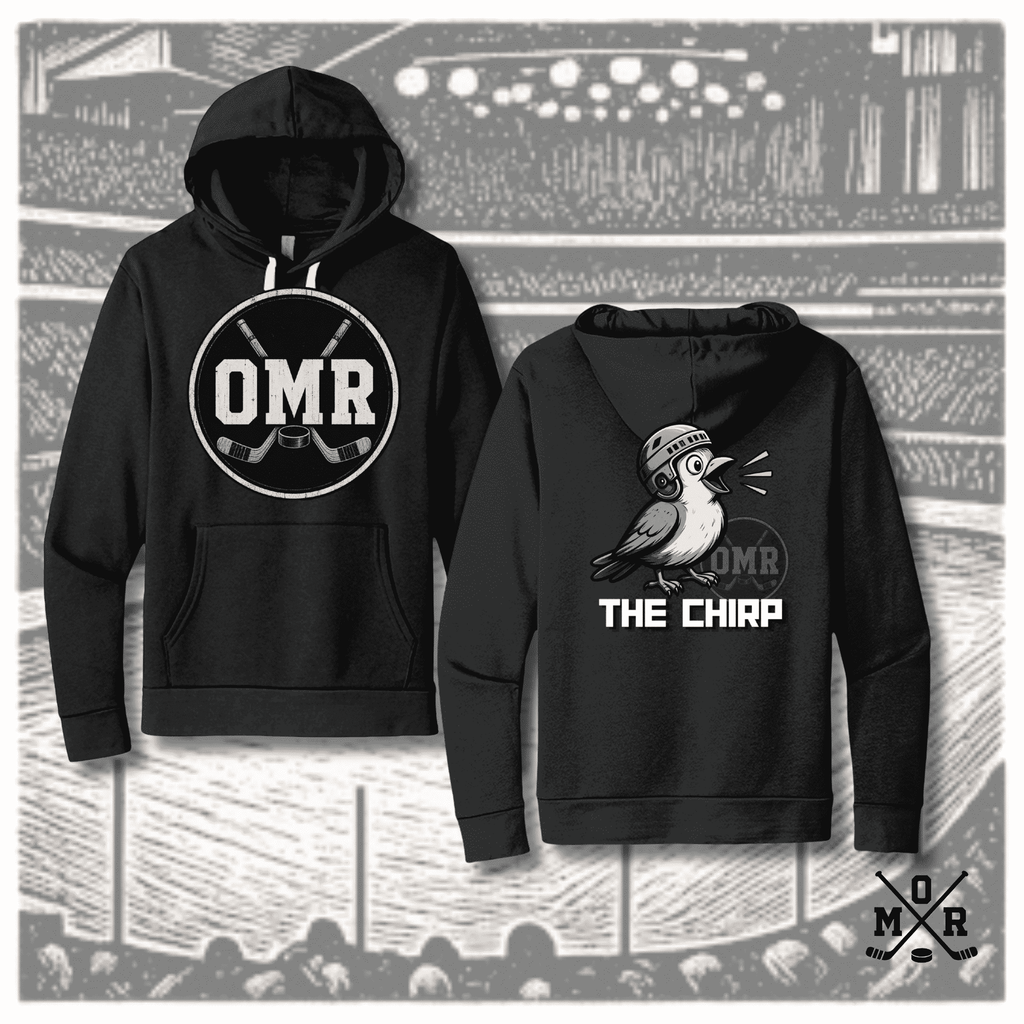 Black funny hockey hoodie with white distressed OMR logo and cartoon bird THE CHIRP graphic on back