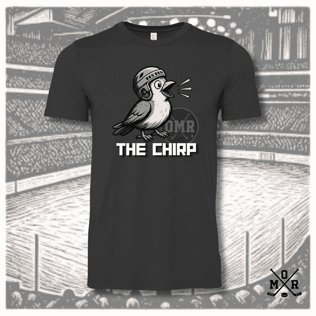 Funny hockey chirp t-shirt with cartoon bird mascot graphic on dark charcoal heather cotton