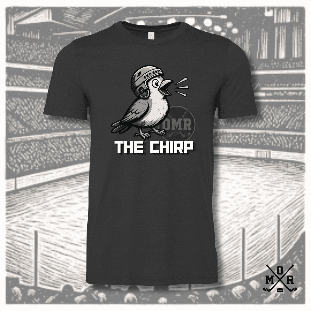 Funny hockey chirp t-shirt with cartoon bird mascot graphic on dark charcoal heather cotton