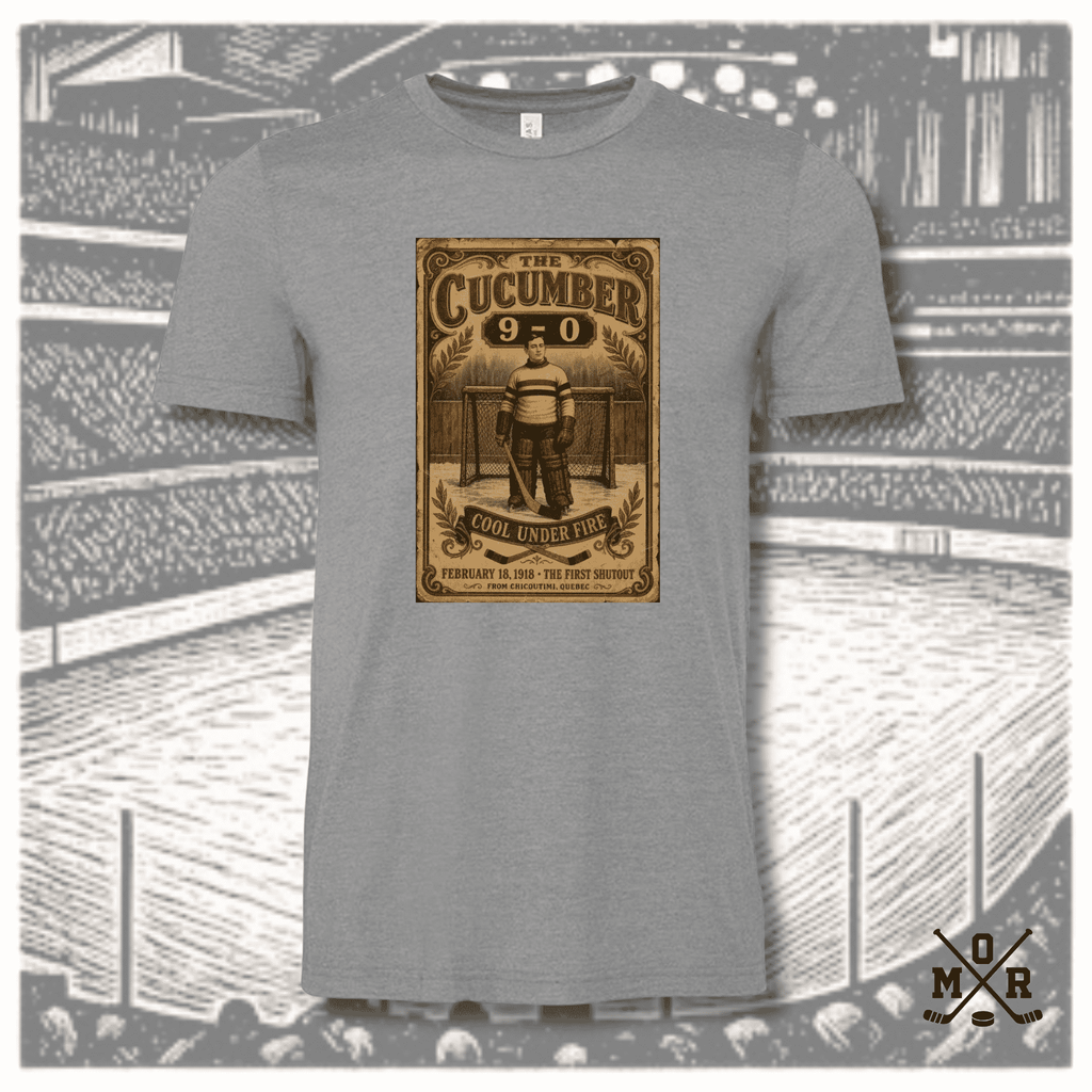 Heather grey crew neck t-shirt featuring vintage hockey goalie illustration on ice rink background