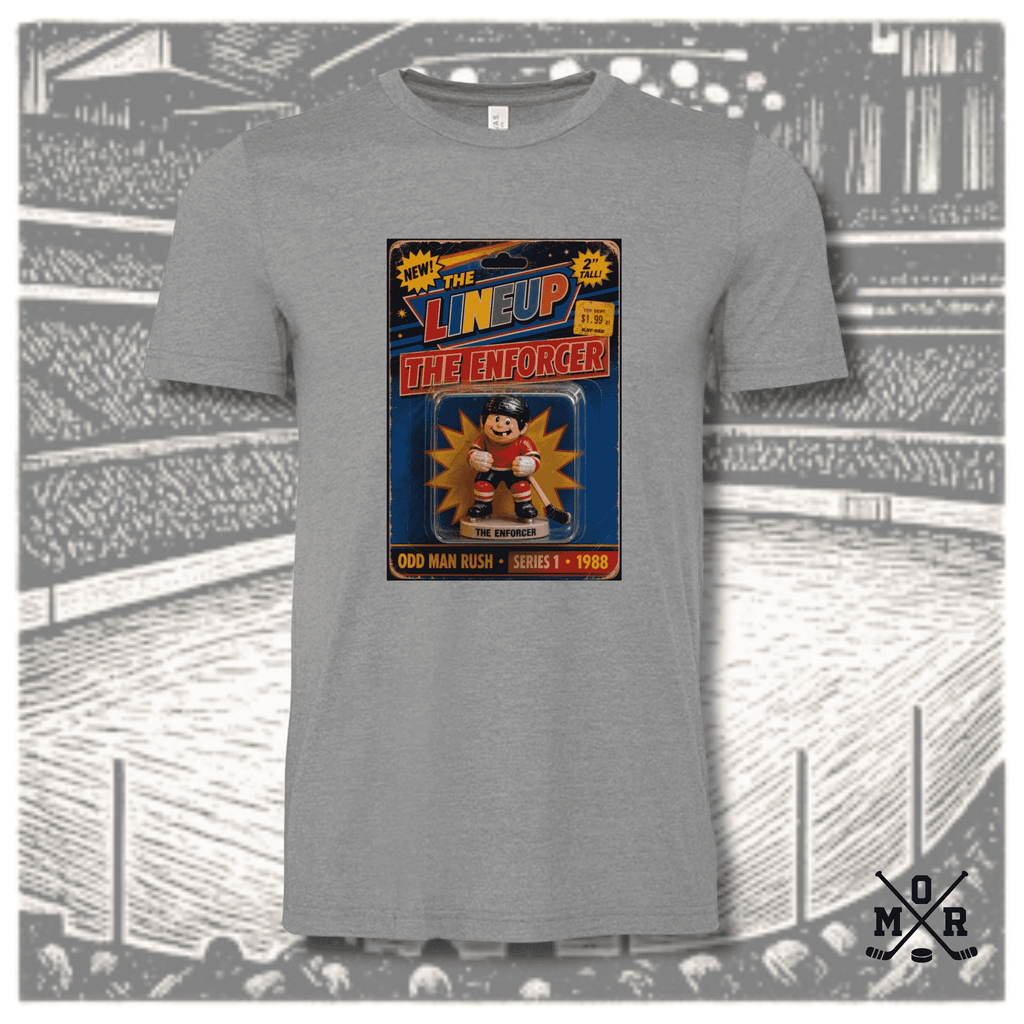 Heather grey The Enforcer Retro Hockey T-shirt featuring retro toy package graphic print