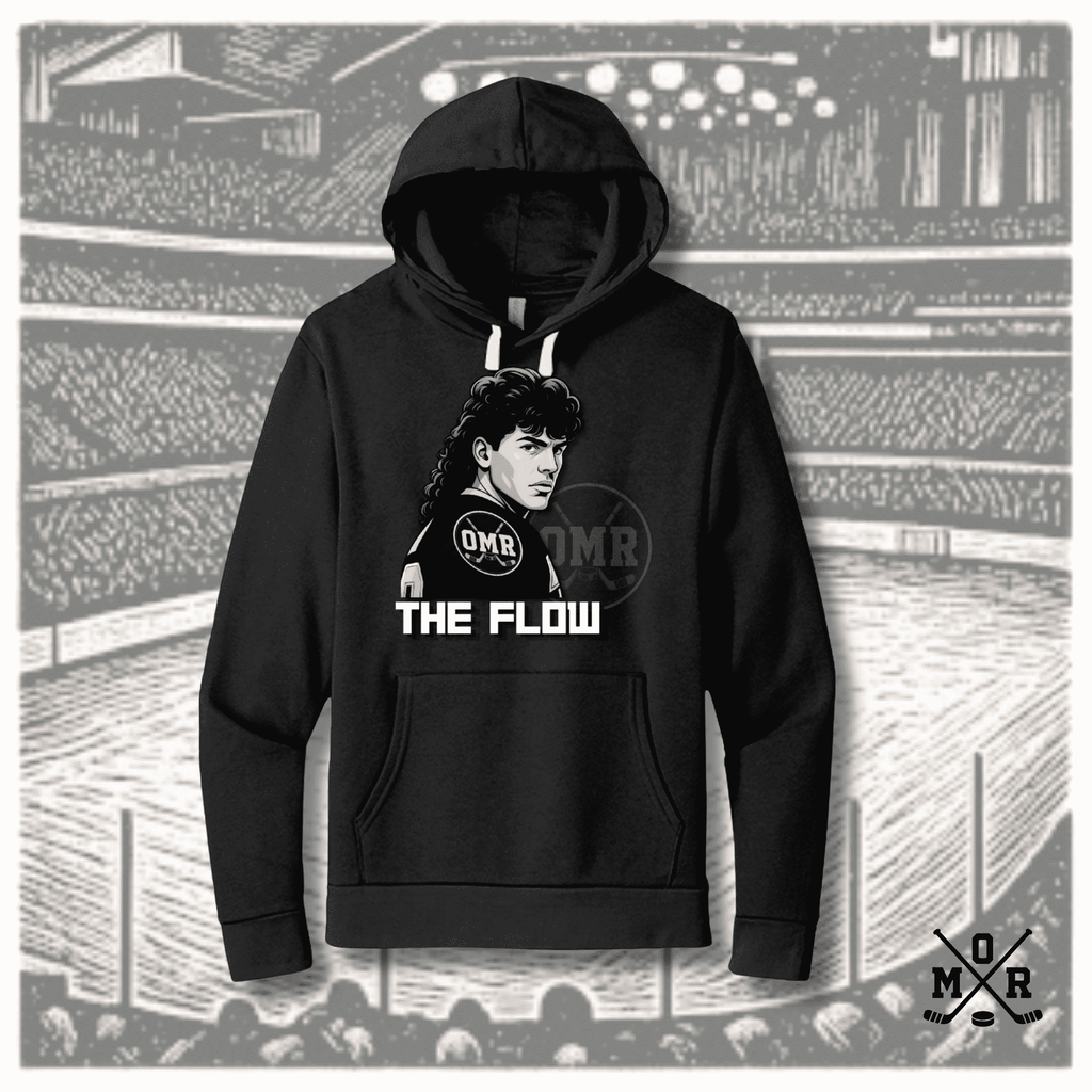 Black The Flow hockey mullet hoodie with white drawstrings and front kangaroo pocket graphic