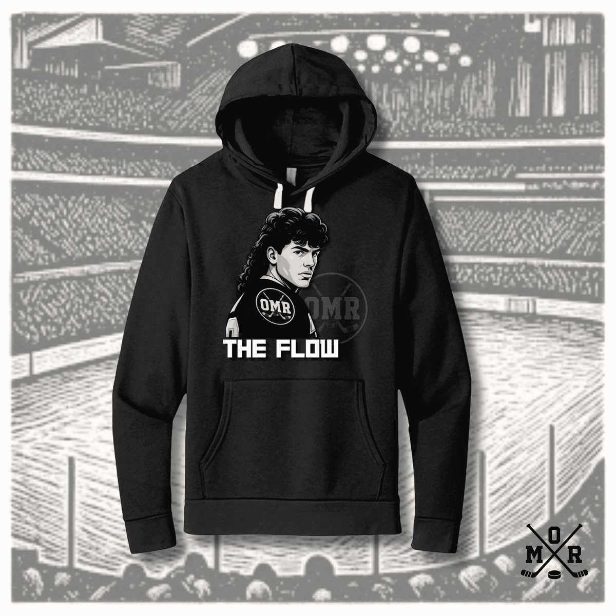 Black The Flow hockey mullet hoodie with white drawstrings and front kangaroo pocket graphic