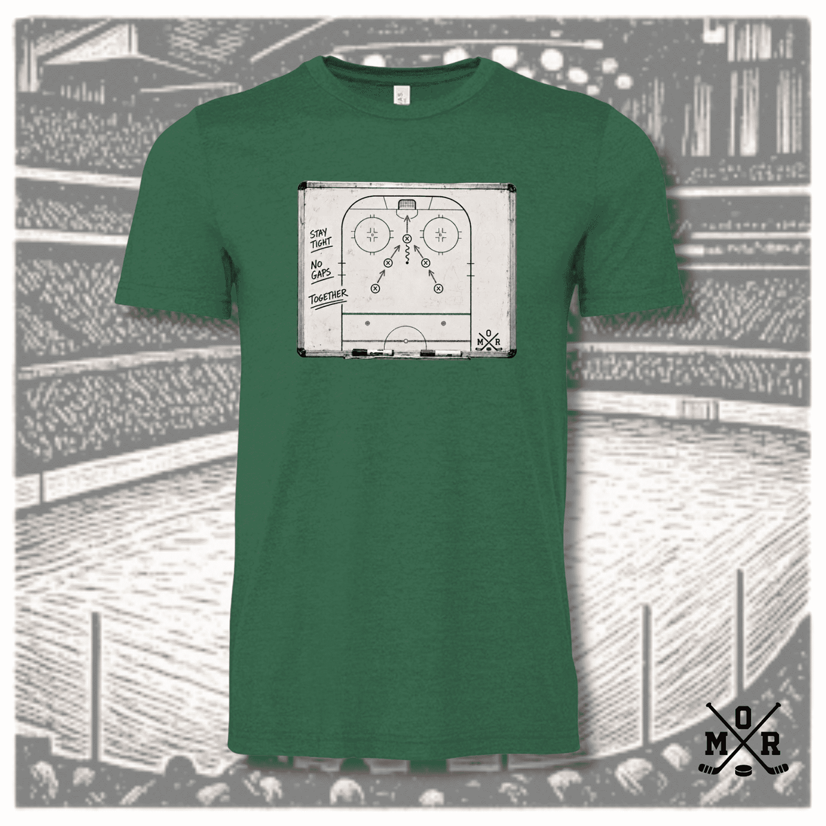 Heather green Flying V hockey whiteboard play t-shirt with red and black marker diagram