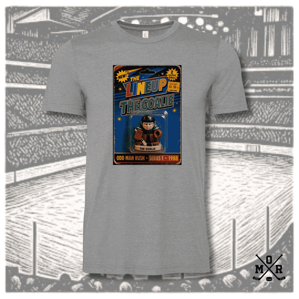 Heather grey crew neck t-shirt with vintage hockey goalie toy graphic