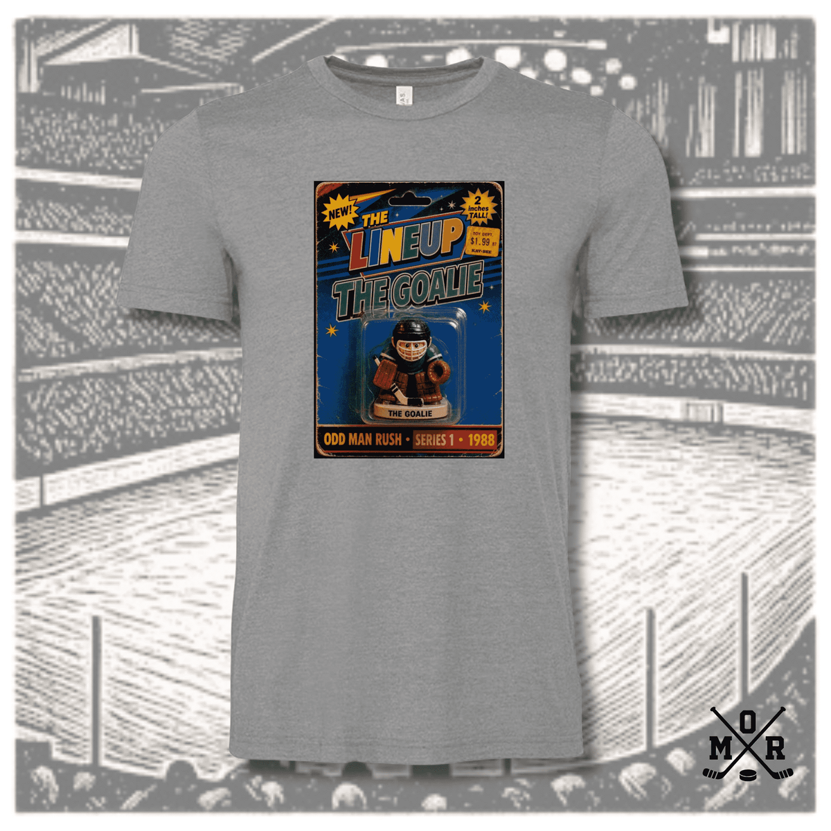 Heather grey crew neck t-shirt with vintage hockey goalie toy graphic
