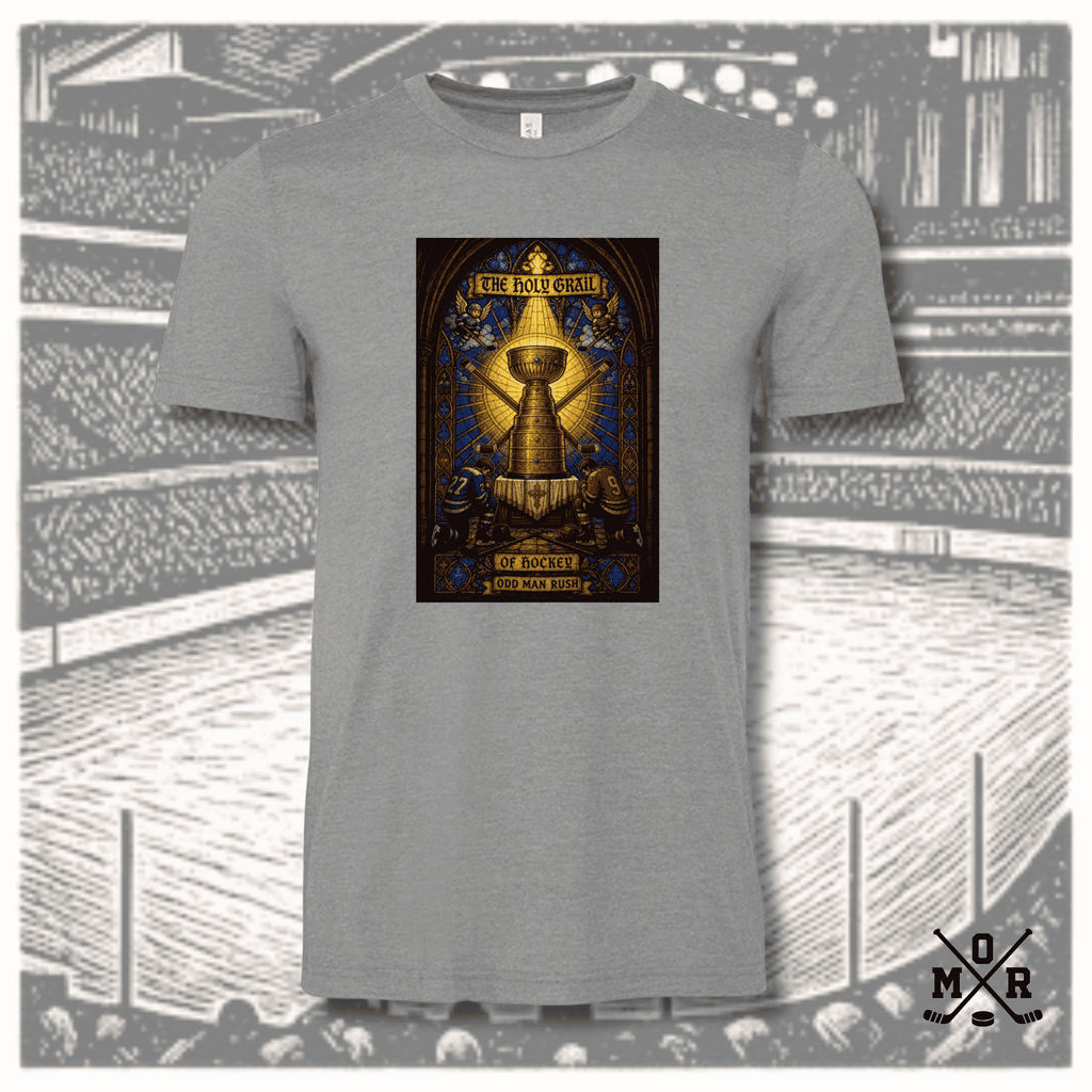 Heather grey crew neck t-shirt featuring full-color stained glass hockey trophy art print
