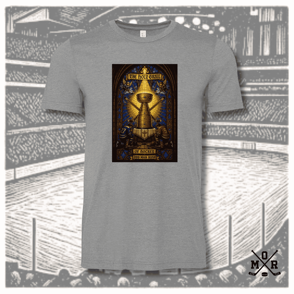 Heather grey crew neck t-shirt featuring full-color stained glass hockey trophy art print