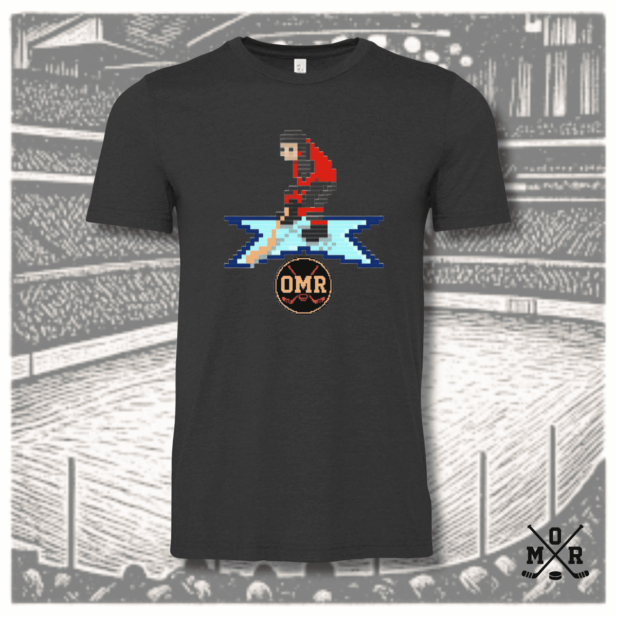 Dark charcoal heather 16-bit retro hockey t-shirt with pixel art skater celly and OMR logo