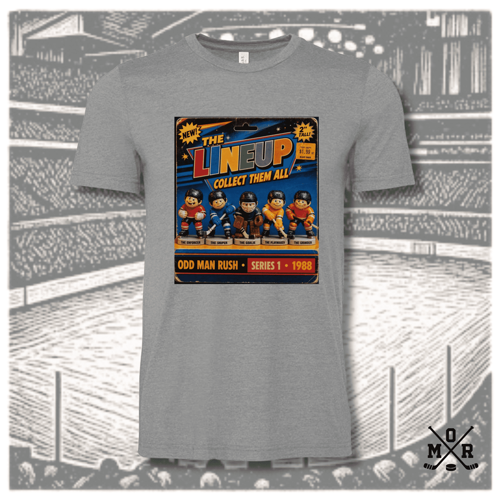 Heather grey Odd Man Rush Retro Hockey T-Shirt featuring vintage hockey lineup graphic on crew neck
