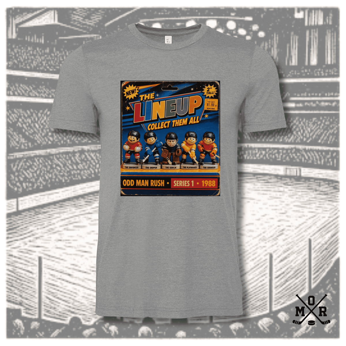 Heather grey Odd Man Rush Retro Hockey T-Shirt featuring vintage hockey lineup graphic on crew neck