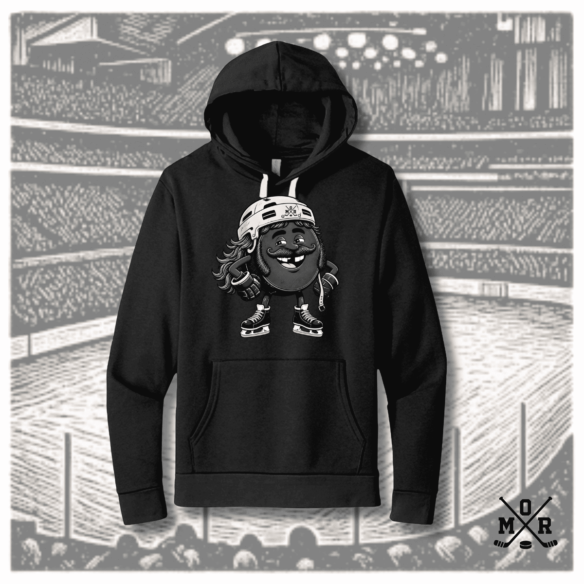 Black vintage hockey hoodie with white drawstrings and front kangaroo pocket featuring a centered graphic of an anthropomorphic black hockey puck character wearing a white helmet, ice skates, and glov