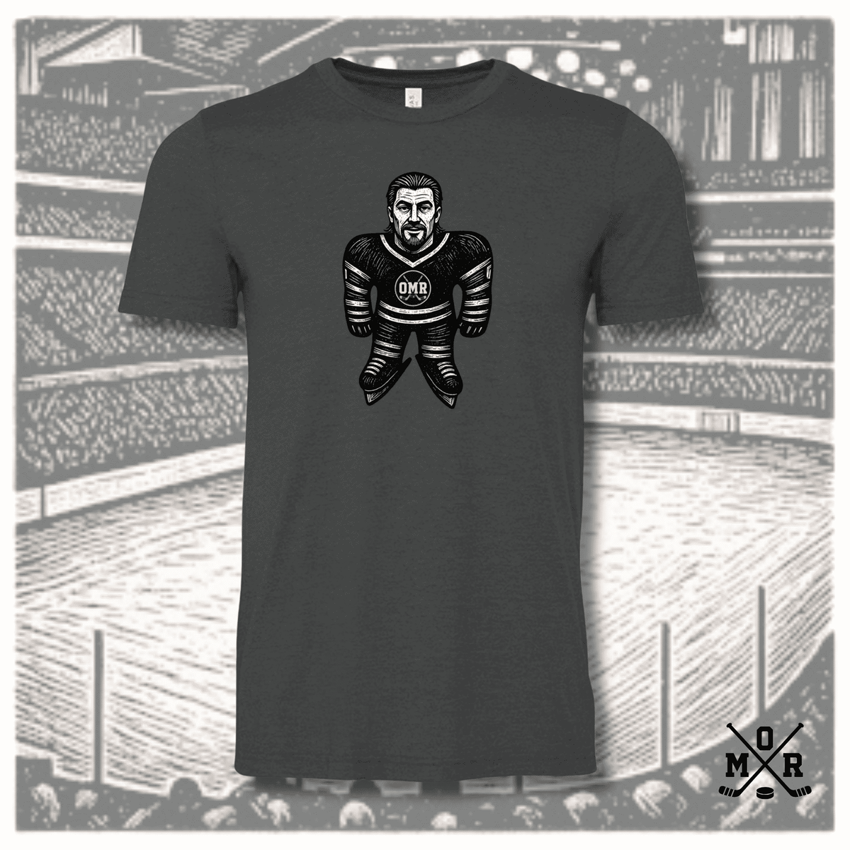 Vintage hockey plush t-shirt in dark heather charcoal with woodcut graphic of player