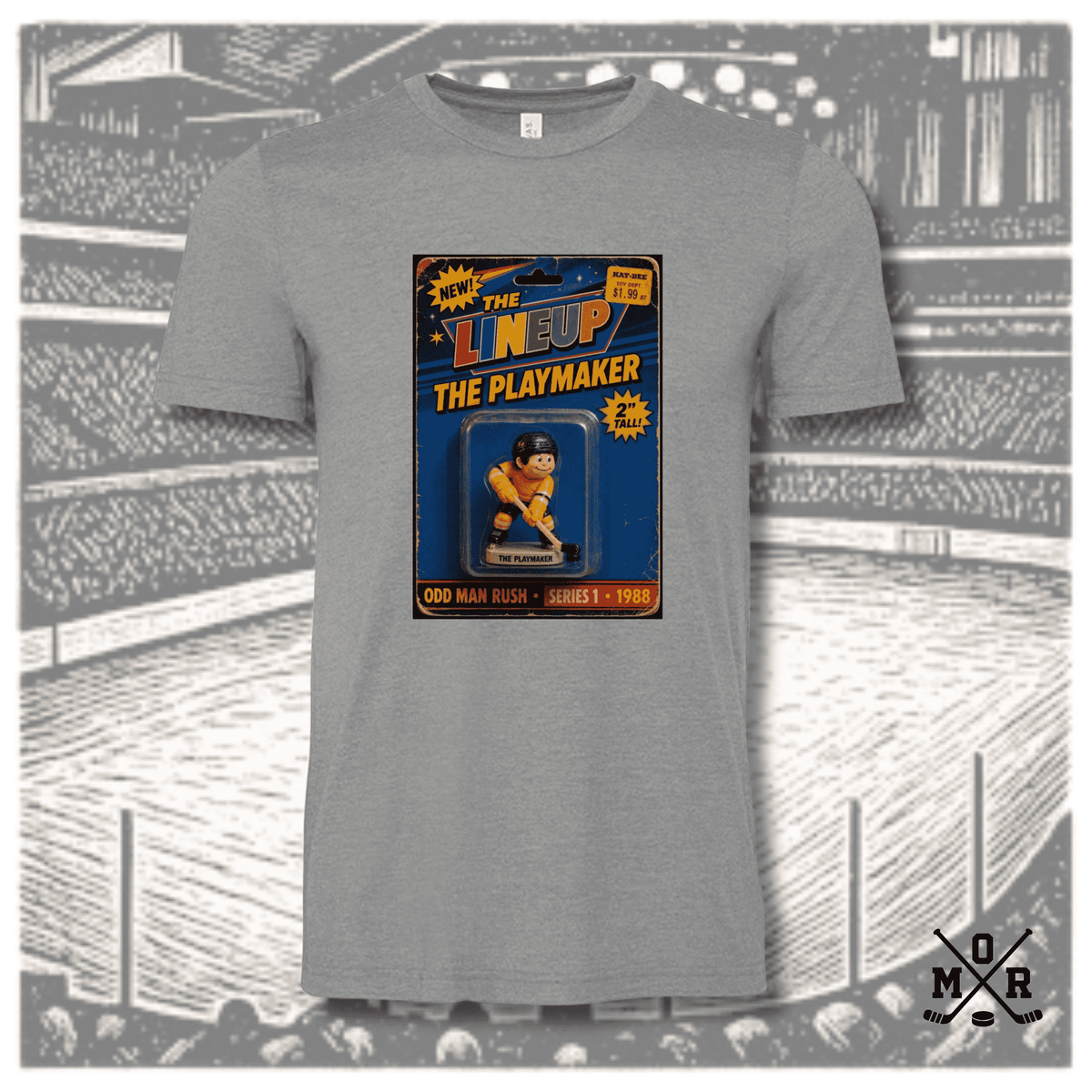 Heather grey crew neck t-shirt with retro hockey action figure print and blurred arena background