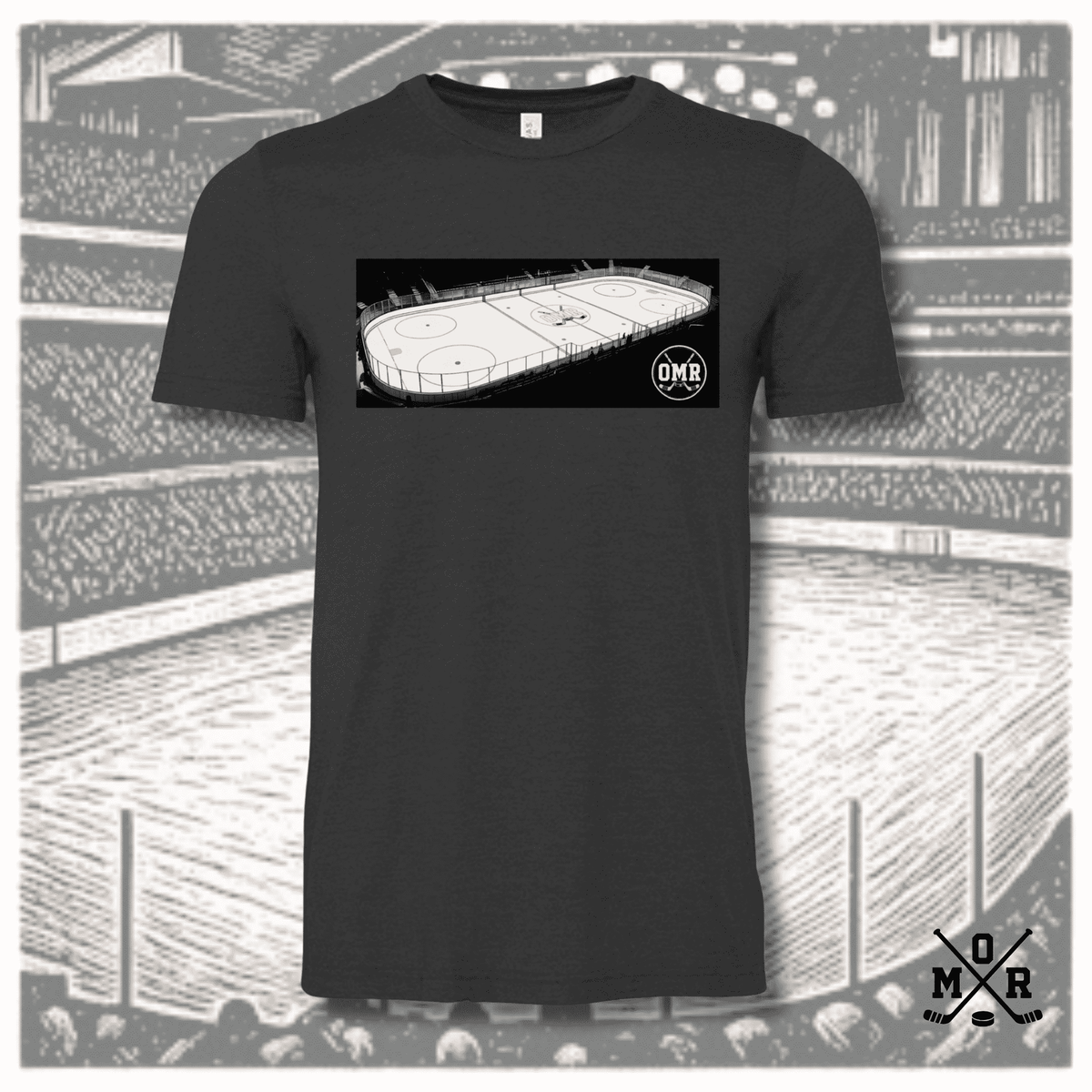 Charcoal heather crew neck t-shirt featuring The Rink comic book hockey graphic