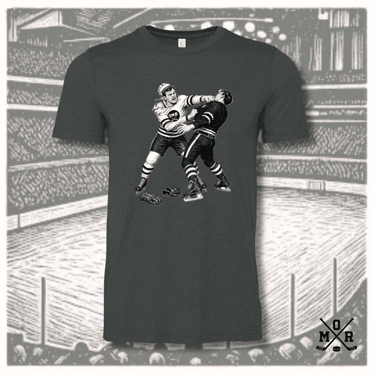 Dark heather charcoal crew neck t-shirt featuring vintage hockey fight art