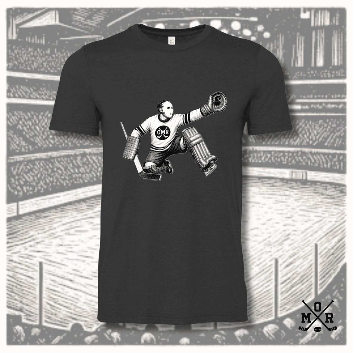 Vintage hockey goalie T-shirt in dark charcoal heather with black ink illustration of crouching goalie and wide-paddle stick