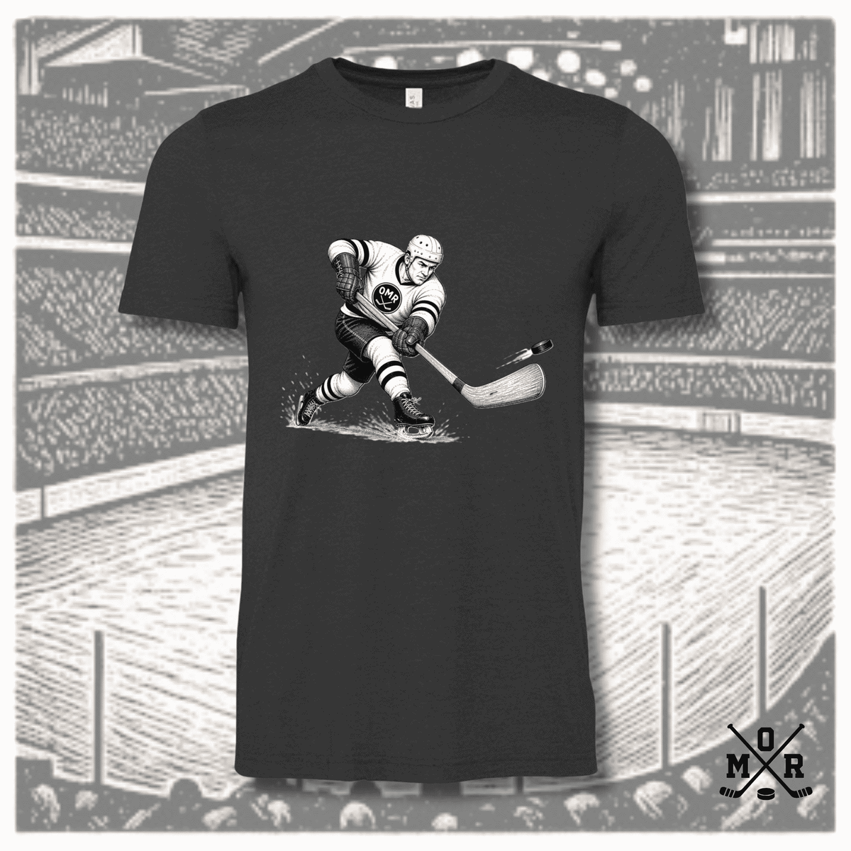 Dark charcoal heather vintage hockey t-shirt with retro arena ink illustration and Odd Man Rush logo