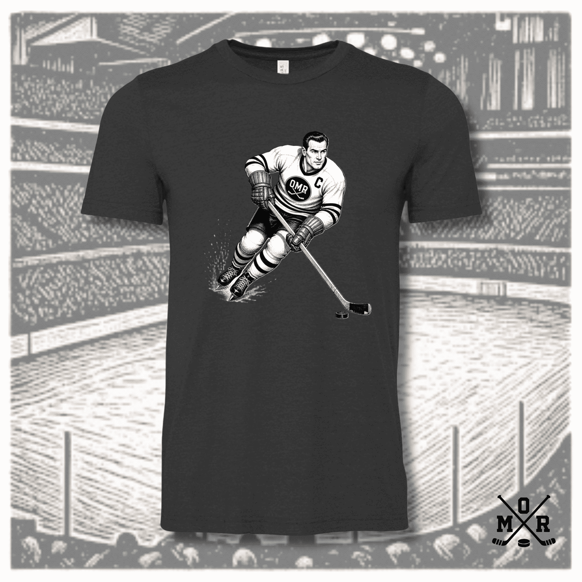 The Captain Vintage Hockey T-Shirt in dark heather charcoal with retro arena ink illustration