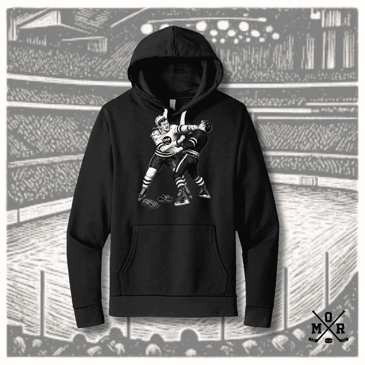 Black Odd Man Rush hoodie with vintage fight illustration and kangaroo pocket