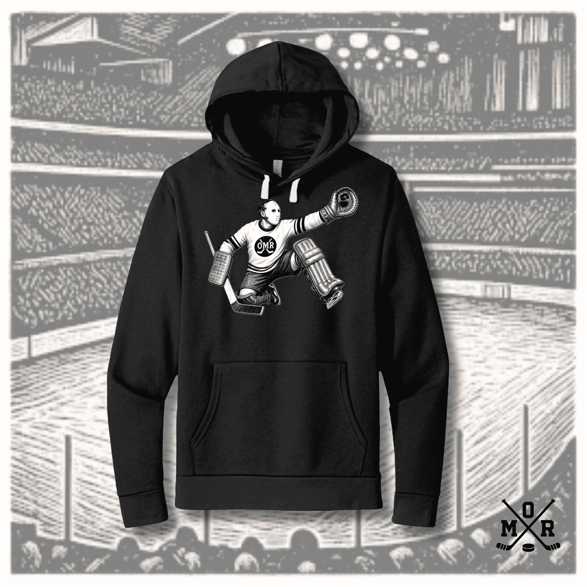 Black vintage hockey goalie hoodie with white crouching graphic, kangaroo pocket, and cream drawstrings